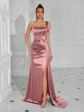 ADYCE One-Shoulder Pleated Waist Long Flowy Tie-Front Open-Back Cocktail Party Dress